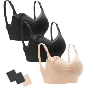 imageStelle Lace Nursing Bras for Breastfeeding Seamless Pregnancy Maternity Wireless Bralette with Pads Extenders3 Pack Blackblackbeige