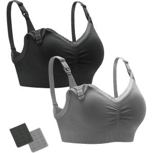 imageStelle Lace Nursing Bras for Breastfeeding Seamless Pregnancy Maternity Wireless Bralette with Pads ExtendersBlackgray