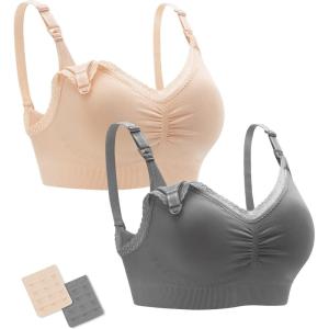 imageStelle Lace Nursing Bras for Breastfeeding Seamless Pregnancy Maternity Wireless Bralette with Pads ExtendersGraybeige