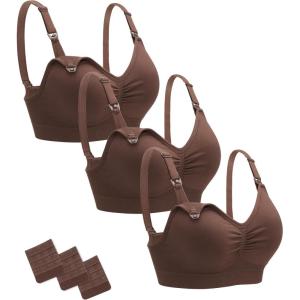 imageStelle Nursing Bras Maternity Bra for Breastfeeding Pregnancy Wireless Bralette with Pads Extenders ampamp Clips3 Pack Cocoa