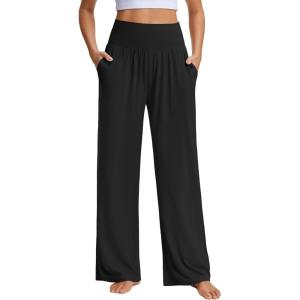 imageStelle Womens Wide Leg Yoga Pants Soft High Waisted Sweatpants Stretch Lounge Bottom with Pockets 28quot InseamAblack