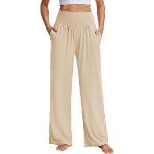 imageStelle Womens Wide Leg Yoga Pants Soft High Waisted Sweatpants Stretch Lounge Bottom with Pockets 28quot InseamBeige