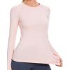 imageStelle Women Workout Shirts Seamless Long Sleeve Yoga Tops with Thumb Holes for Sports Running Breathable Athletic Slim FitPink