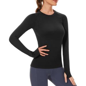 imageStelle Women Workout Shirts Seamless Long Sleeve Yoga Tops with Thumb Holes for Sports Running Breathable Athletic Slim FitBlack