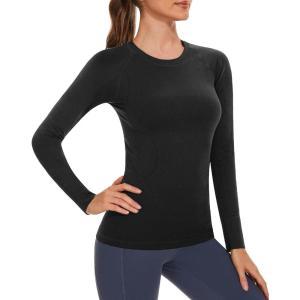 imageStelle Women Workout Shirts Seamless Long Sleeve Yoga Tops with Thumb Holes for Sports Running Breathable Athletic Slim FitBlackwithout Thumb Hole