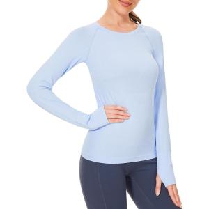 imageStelle Women Workout Shirts Seamless Long Sleeve Yoga Tops with Thumb Holes for Sports Running Breathable Athletic Slim FitBlue