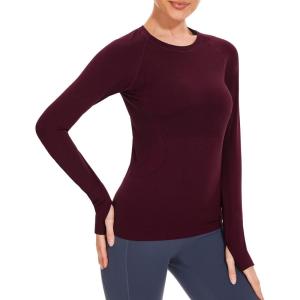 imageStelle Women Workout Shirts Seamless Long Sleeve Yoga Tops with Thumb Holes for Sports Running Breathable Athletic Slim FitBurgundy