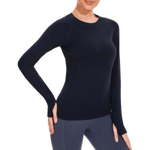 imageStelle Women Workout Shirts Seamless Long Sleeve Yoga Tops with Thumb Holes for Sports Running Breathable Athletic Slim FitNavy