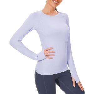 imageStelle Women Workout Shirts Seamless Long Sleeve Yoga Tops with Thumb Holes for Sports Running Breathable Athletic Slim FitPurple