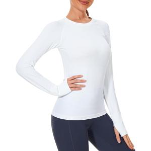 imageStelle Women Workout Shirts Seamless Long Sleeve Yoga Tops with Thumb Holes for Sports Running Breathable Athletic Slim FitWhite