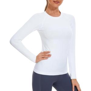 imageStelle Women Workout Shirts Seamless Long Sleeve Yoga Tops with Thumb Holes for Sports Running Breathable Athletic Slim FitWhitewithout Thumb Hole