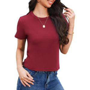imageStelle Womens Cotton TShirts Crewneck Short Sleeve Basic Tees Summer Casual Solid Crop TopsBurgundy