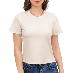 imageStelle Womens Cotton TShirts Crewneck Short Sleeve Basic Tees Summer Casual Solid Crop TopsWhite Beige