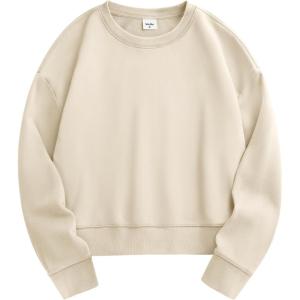 imageStelle Cropped Sweatshirts for Women Cotton Long Sleeve Crop Tops Crewneck Pullover Oversized SweaterWhite Beige