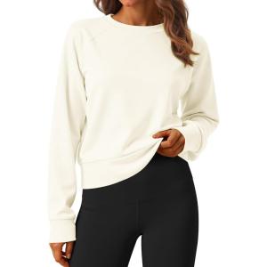 imageStelle Cropped Sweatshirts for Women Cotton Raglan Sleeve Crop Tops Crewneck Pullover Sweat ShirtsAoff White