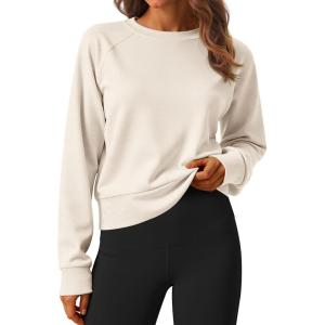 imageStelle Cropped Sweatshirts for Women Cotton Raglan Sleeve Crop Tops Crewneck Pullover Sweat ShirtsWhite Beige