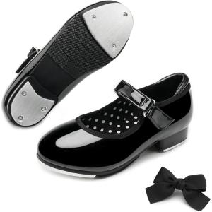 imageStelle Tap Shoes for Girls Boys Patent Leather Detachable Bow Dance ShoesToddlerLittle KidBig KidBlack
