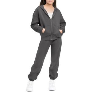 imageStelle Girls Athletic Sweatsuit 2 Pieces Sweatshirts and Pant Long Sleeve Zip Up with Pockets Outfits SetCharcoal