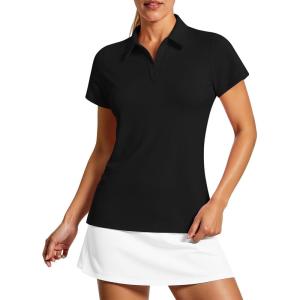 imageStelle Womens V Neck Golf Polo Shirts UPF 50 Short Sleeve Tennis Shirt Collared Workout Tops Quick DryBlack