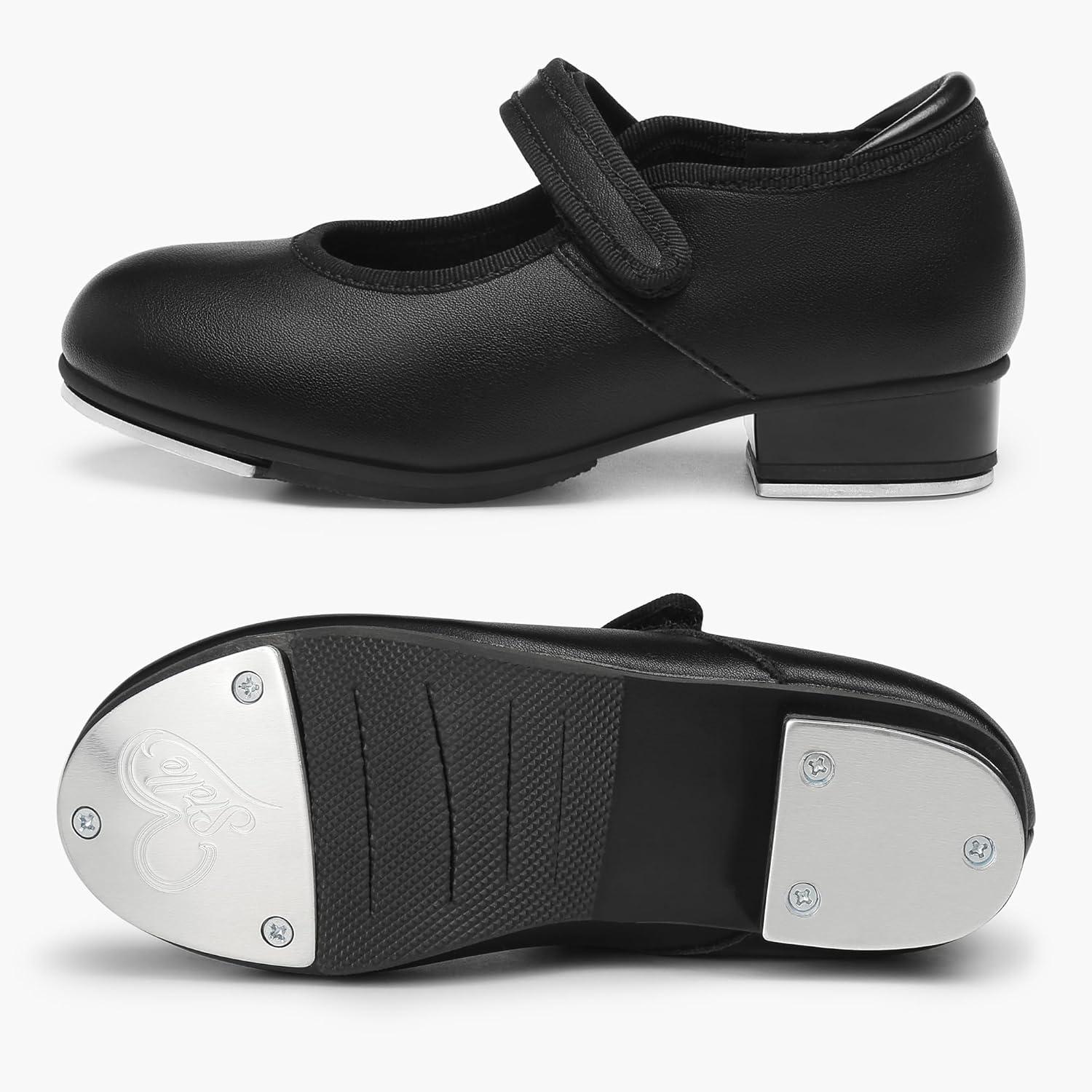 imageStelle Tap Shoes for Girls Toddler PU Tap Dance Shoes for ToddlerLittle KidsBig KidsBlack Matte