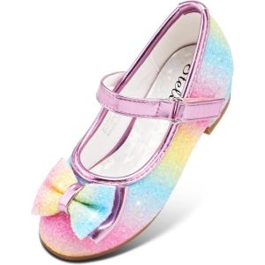 imageStelle Girls Dress Shoes Glitter Princess Shoe Flower Mary Jane Low Heels Party Wedding Prom Footwear for Toddler KidsT08rainbow
