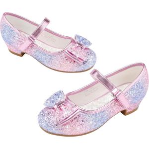 imageStelle Girls Dress Shoes Glitter Princess Shoe Flower Mary Jane Low Heels Party Wedding Prom Footwear for Toddler KidsT08rainbow Blue