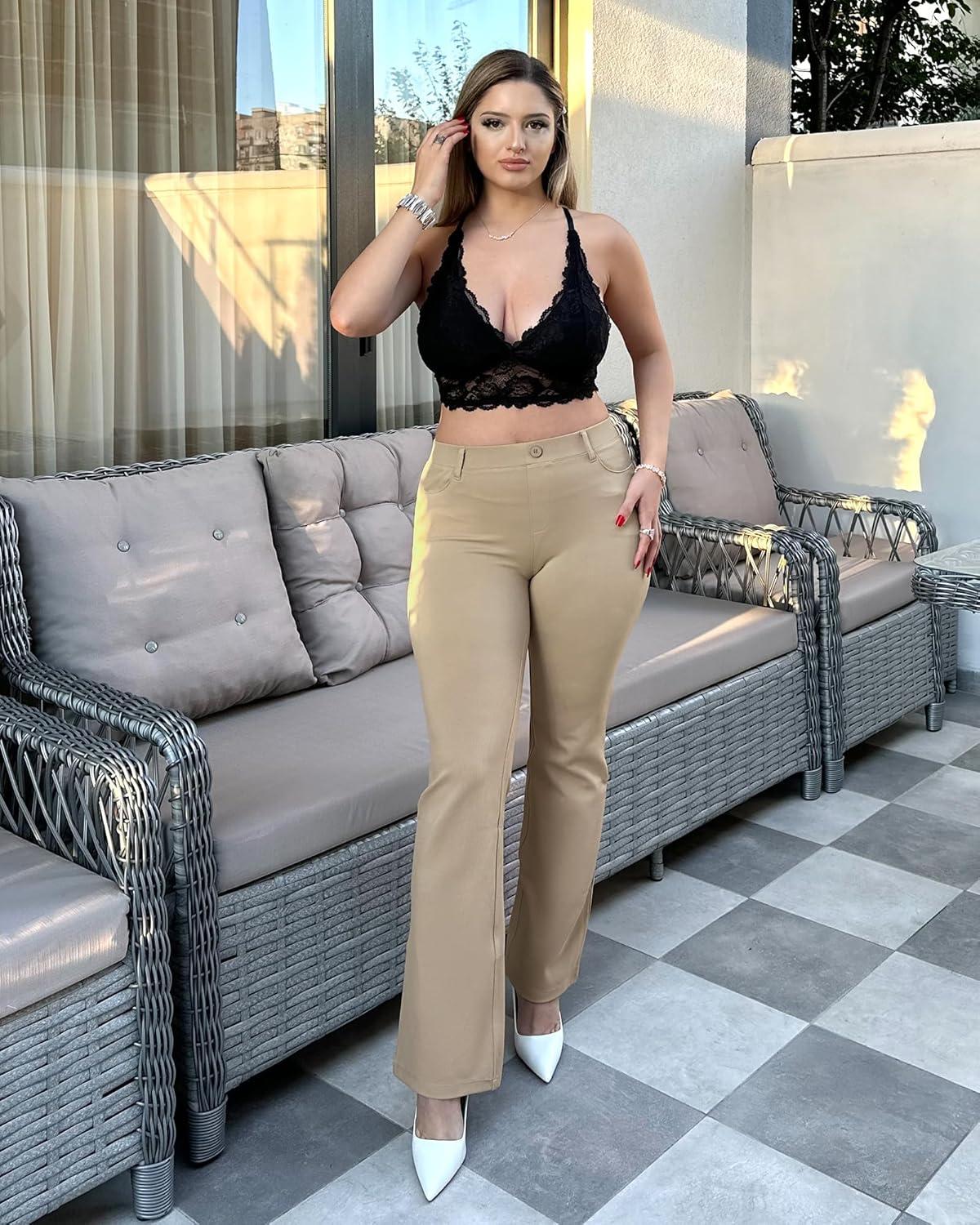 imageStelle Women 28quot30quot 32quot Bootcut Dress Pants Business Casual Work Pants with Pockets Pull On Regular Slacks for OfficeGrey Khaki