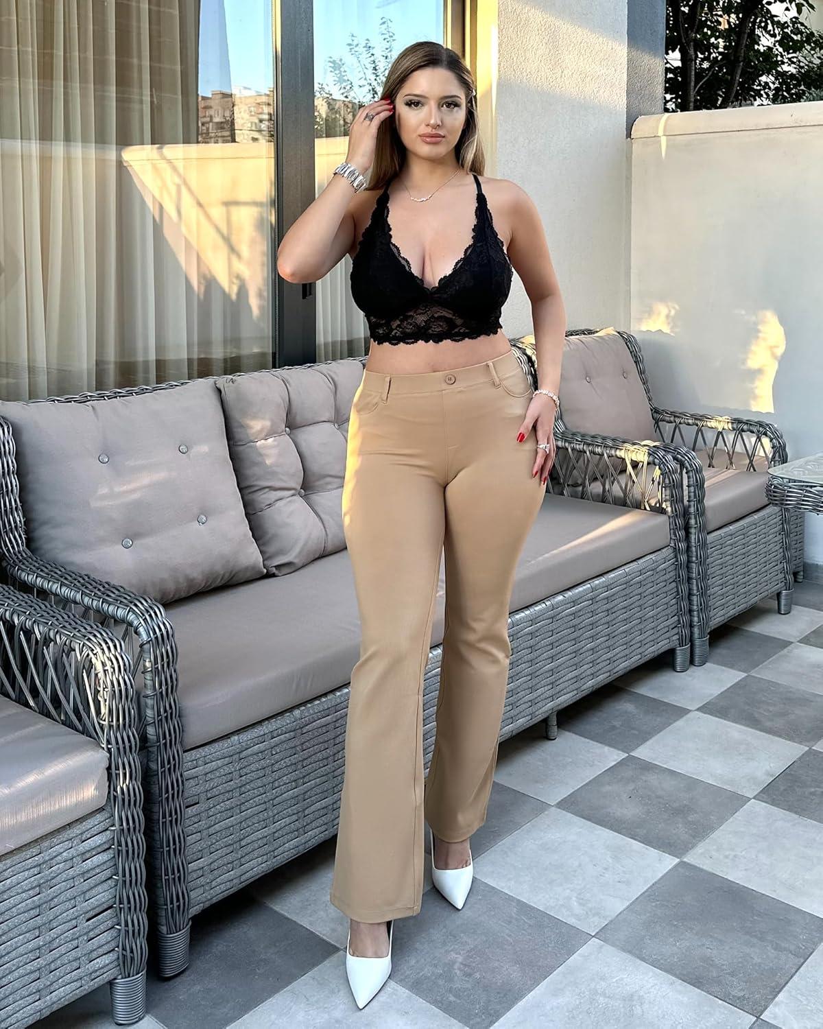 imageStelle Women 28quot30quot 32quot Bootcut Dress Pants Business Casual Work Pants with Pockets Pull On Regular Slacks for OfficeKhaki