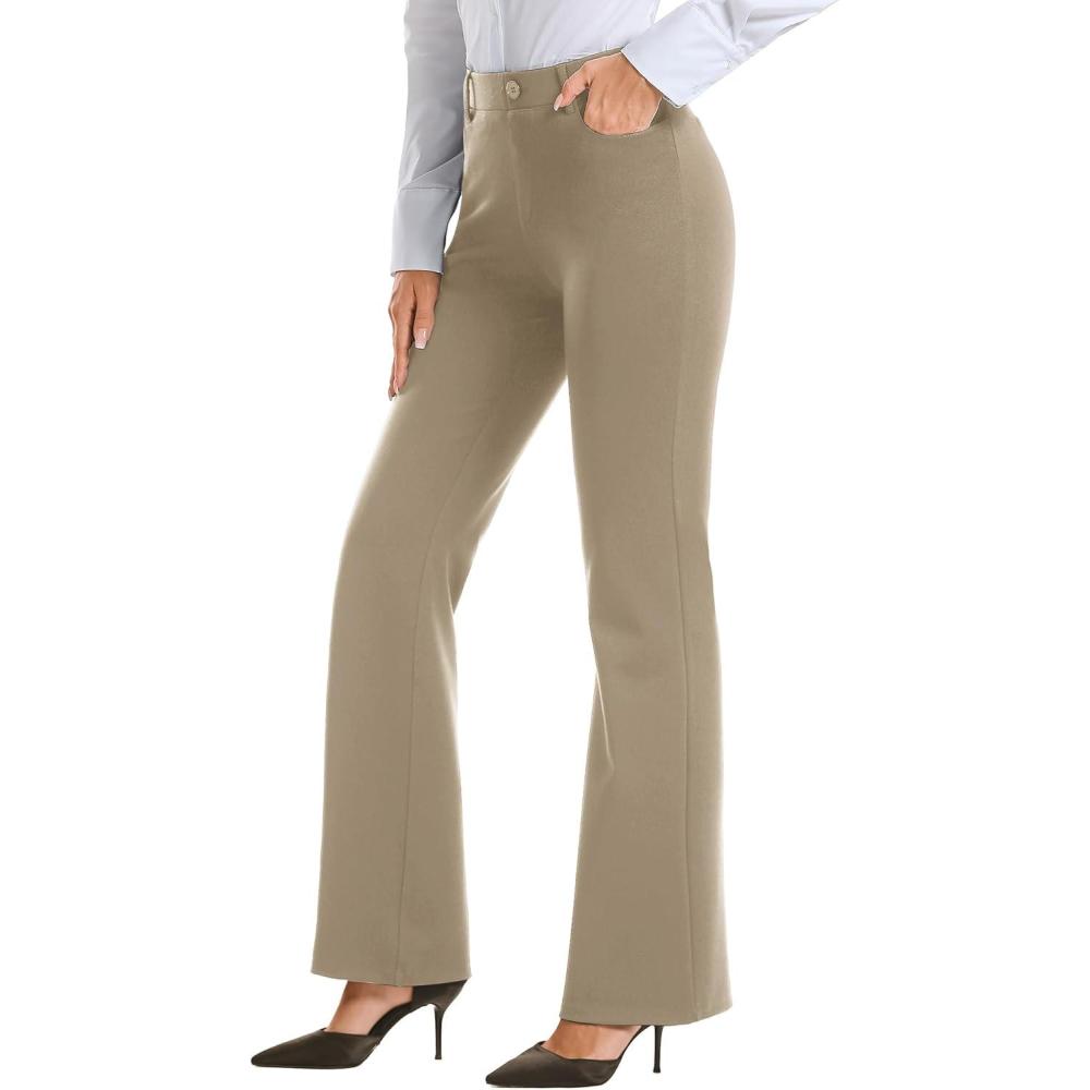 imageStelle Women 28quot30quot 32quot Bootcut Dress Pants Business Casual Work Pants with Pockets Pull On Regular Slacks for OfficeGrey Khaki