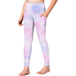 imageStelle Girls Athletic Leggings Kids Dance Running Yoga Pants Workout Active Dance Tights with PocketsTie Dye Marshmallow