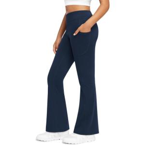 imageStelle Girls Fleece Lined Flare Leggings Kids Bell Bottom with Pockets Warm Winter Athletic Yoga PantsNavy