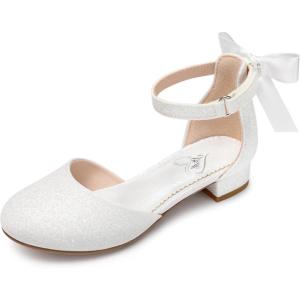 image:imageStelle Girls Dress Shoes Closed Toe Heels Ankle Strap Pumps Sandals Flower Wedding Party Princess Shoes for Toddler Little Big KidWhite Glitter
