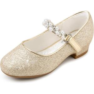 image:imageStelle Girls Dress Shoes White Flower Girl Shoe Mary Jane Low Heels for Wedding ToddlerLittleBig KidGoldshiny Strap