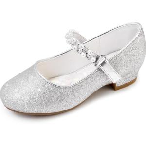 image:imageStelle Girls Dress Shoes White Flower Girl Shoe Mary Jane Low Heels for Wedding ToddlerLittleBig KidSilver2shiny Strap