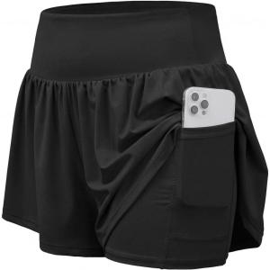 image:imageStelle Women 2 in 1 Running Shorts Flowy Athletic Short High Waisted Workout Tennis Gym Short with Liner PocketsBlack