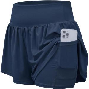 image:imageStelle Women 2 in 1 Running Shorts Flowy Athletic Short High Waisted Workout Tennis Gym Short with Liner PocketsNavy