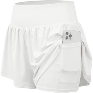 image:imageStelle Women 2 in 1 Running Shorts Flowy Athletic Short High Waisted Workout Tennis Gym Short with Liner PocketsWhite