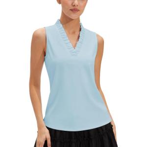 image:imageStelle Womens Wrinkle Resist Golf Shirts UPF 50 Sleeveless Ruffle VNeck Tank Top Tennis Athletic Workout TopLight Blue