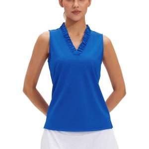 image:imageStelle Womens Wrinkle Resist Golf Shirts UPF 50 Sleeveless Ruffle VNeck Tank Top Tennis Athletic Workout TopSapphire