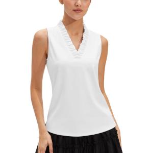 image:imageStelle Womens Wrinkle Resist Golf Shirts UPF 50 Sleeveless Ruffle VNeck Tank Top Tennis Athletic Workout TopWhite