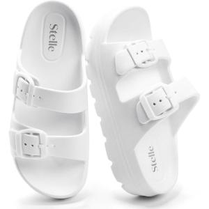 image:imageStelle Girls Double Buckle Slide Sandals Boy Slippers Kids Summer Shoes Shower Beach Pool Slip on CloudsWhite