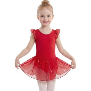 image:imageStelle Girls Flutter Sleeve Ballet Leotards Toddler Shimmering Dance Outfits Sequin Tutu Skirted Leotard Ballerina DressRed