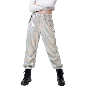 image:imageStelle Girls Metallic Cargo Pants Shiny Hip Hop Dance Joggers Sparkly Stretchy Wide Leg Street Pants for Kids 415 YearsHolograph Silver