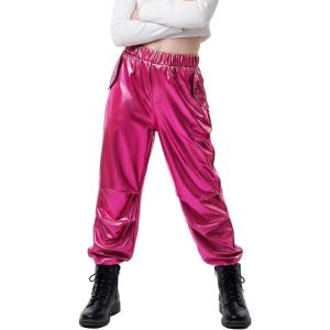 image:imageStelle Girls Metallic Cargo Pants Shiny Hip Hop Dance Joggers Sparkly Stretchy Wide Leg Street Pants for Kids 415 YearsMetal Fuchsia
