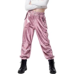 image:imageStelle Girls Metallic Cargo Pants Shiny Hip Hop Dance Joggers Sparkly Stretchy Wide Leg Street Pants for Kids 415 YearsMetal Pink