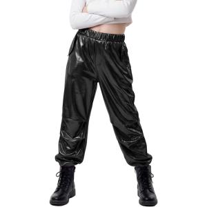 image:imageStelle Girls Metallic Cargo Pants Shiny Hip Hop Dance Joggers Sparkly Stretchy Wide Leg Street Pants for Kids 415 YearsPatent Black