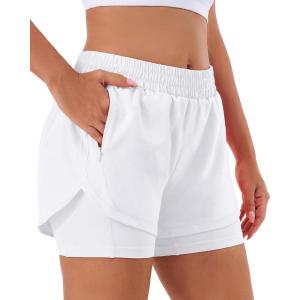 image:imageStelle Women 2 in 1 Running Shorts High Waisted Athletic Shorts Gym Workout Shorts with Liner Zipper PocketsWhite