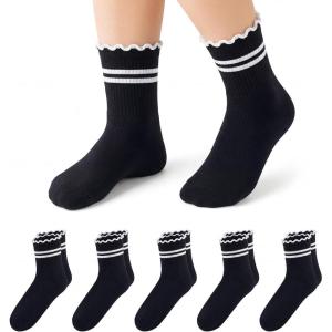 image:imageStelle Girls Socks Ruffle Socks for Girls Cotton Striped Crew Sock Girls Athletic Socks5 Black