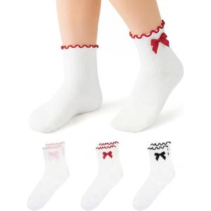image:imageStelle Girls Socks Ruffle Socks for Girls Cotton Striped Crew Sock Girls Athletic SocksRed Bowpink Bowblack Bow