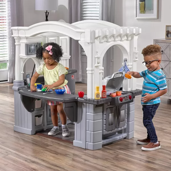 Step2 Grand Walk-in Kitchen &amp; Grill for Kids, Indoor/Outdoor Playset, Ages 2+ Years Old, 103 Piece Toy Accessory Set, Easy Assembly, Gray